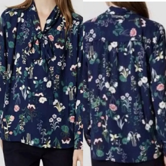 LOFT S Top Navy Blue Floral Print Bow Tied V Neckline Long Sleeve Blouse Sz M - Picture 10 of 16